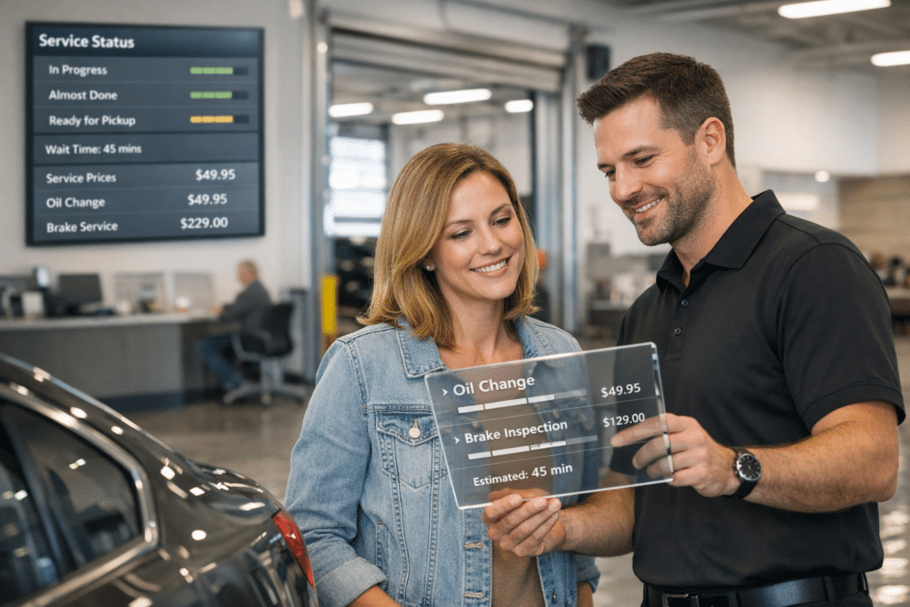 Service advisor reviews pricing and repair updates with a customer in a modern dealership service drive, with digital status screens visible in the lobby.