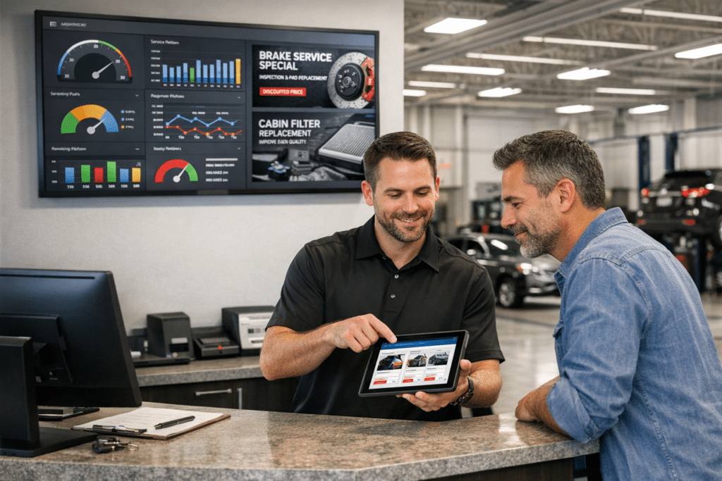 A service advisor shows a customer digital maintenance offers on a tablet while a dealership dashboard screen displays service KPIs and promotions behind them.