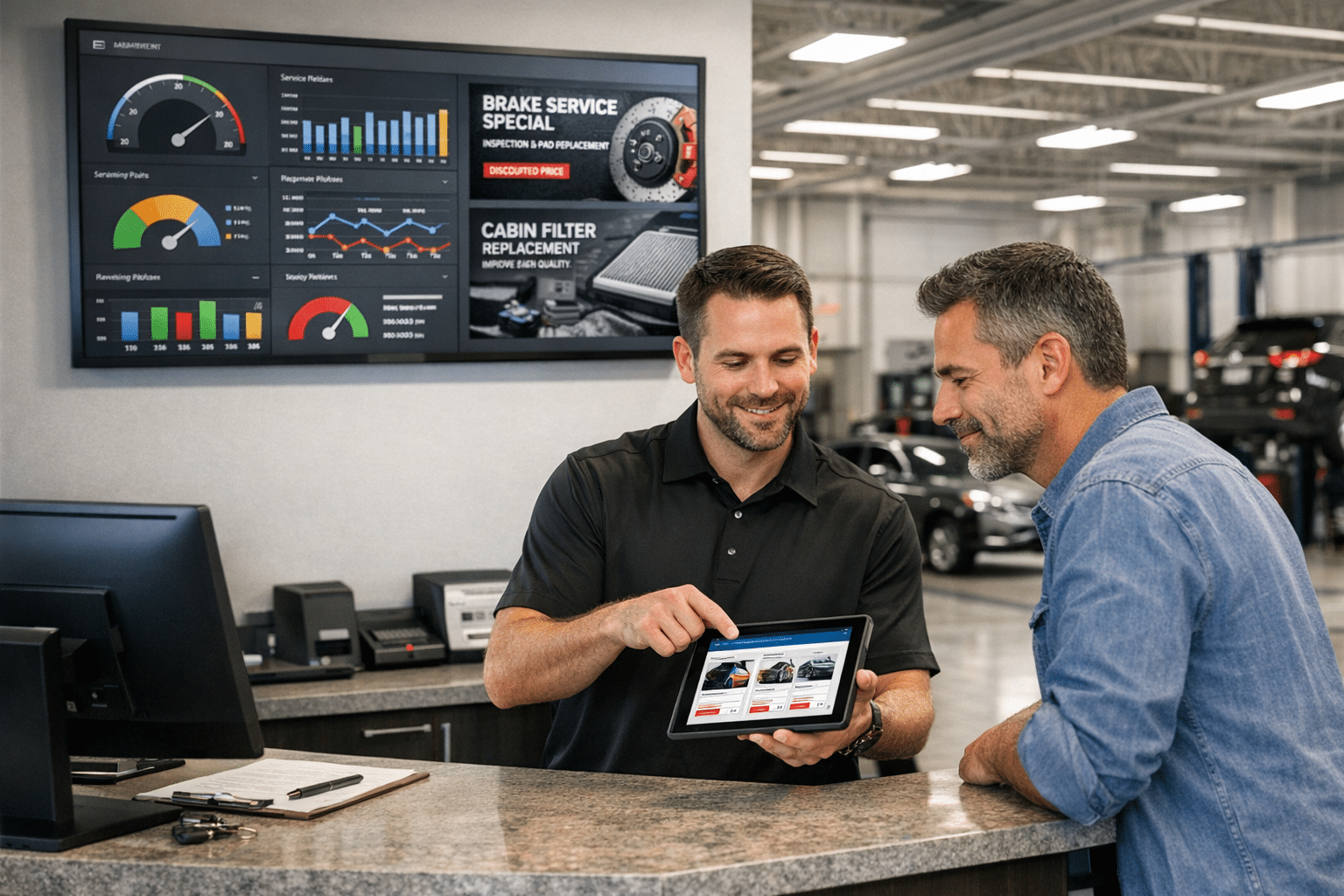A service advisor shows a customer digital maintenance offers on a tablet while a dealership dashboard screen displays service KPIs and promotions behind them.