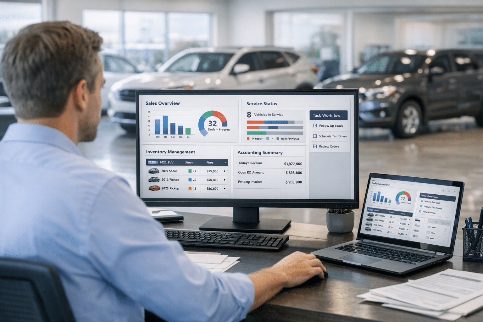 Dealership employee reviews a unified DMS dashboard in a modern showroom office while vehicle, sales, service, and accounting data sync in real time.