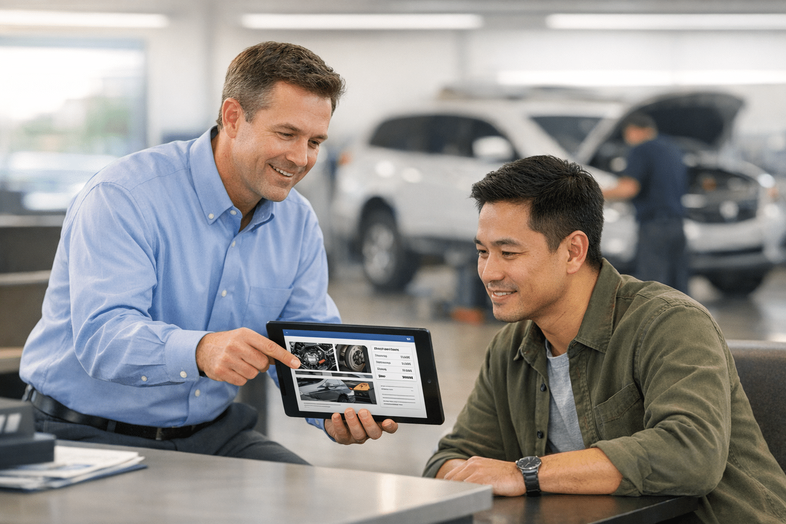 A service advisor in an auto shop calmly reviews a tablet inspection report with a customer while a vehicle is serviced in the background.