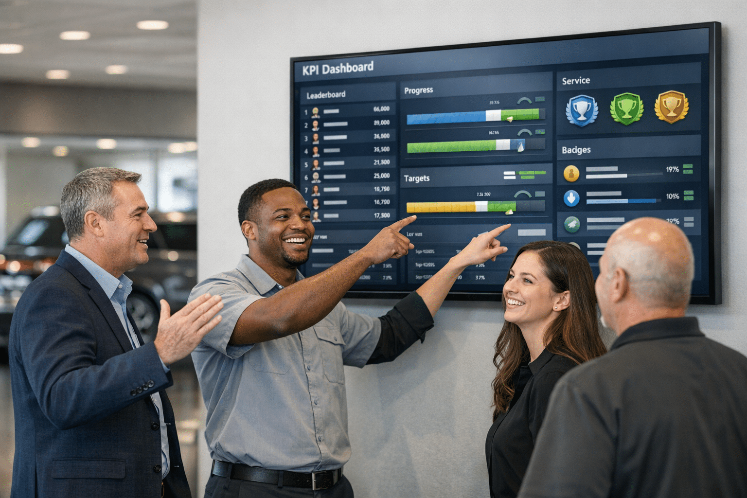 Dealership employees review a real-time KPI leaderboard on a showroom display as a manager coaches the team in a bright, modern car dealership.