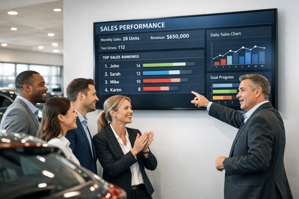 Car sales staff in a modern showroom review a wall-mounted digital leaderboard with live rankings and KPI progress during a motivational team huddle.