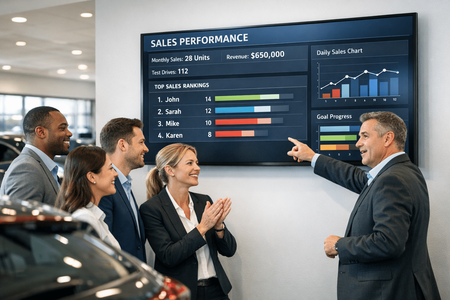 Car sales staff in a modern showroom review a wall-mounted digital leaderboard with live rankings and KPI progress during a motivational team huddle.
