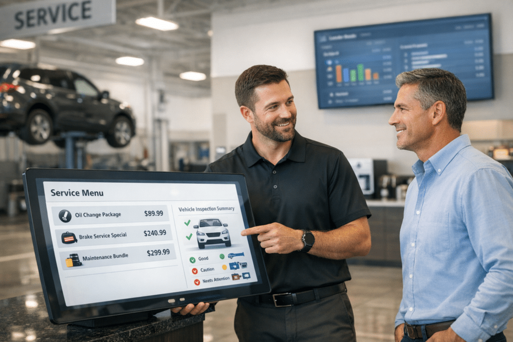 Service advisor shows a customer a digital service menu with maintenance options and pricing inside a modern dealership service area.