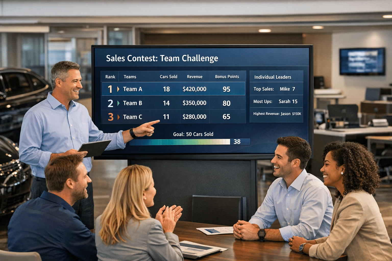 Sales team in a car dealership showroom reviews a live KPI leaderboard on a large screen beside vehicles, showing friendly competition and progress tracking.