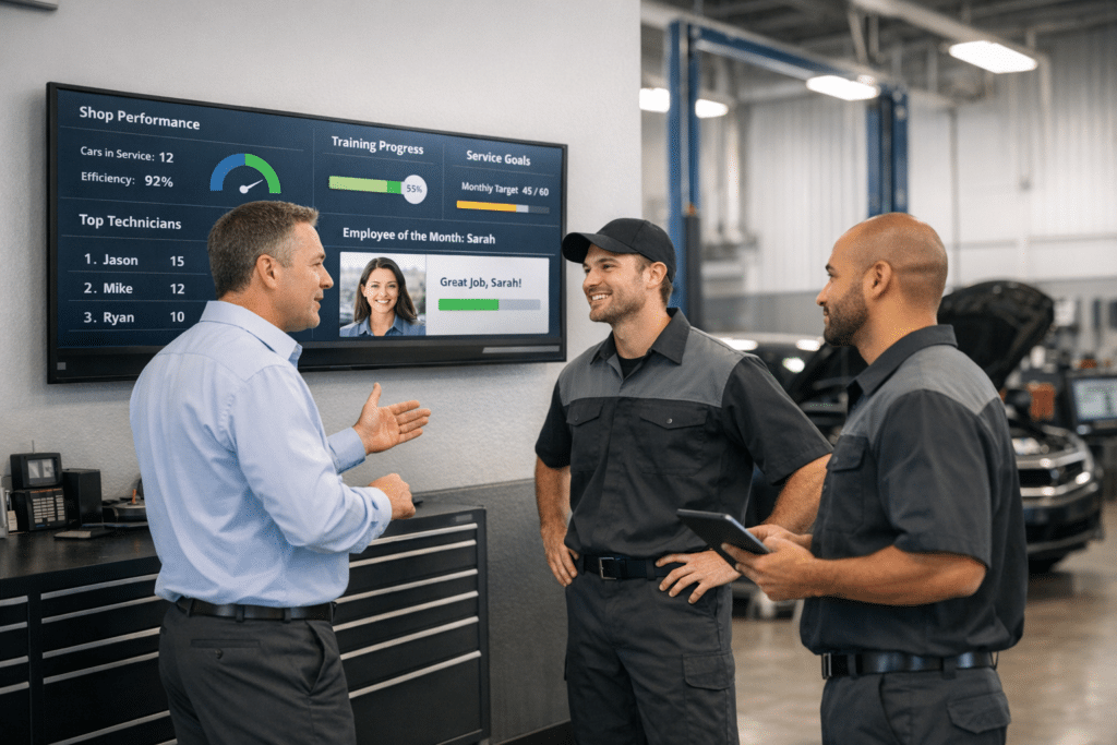 Service manager and automotive technicians review a live KPI dashboard in a dealership service bay while discussing goals, training progress, and team performance.