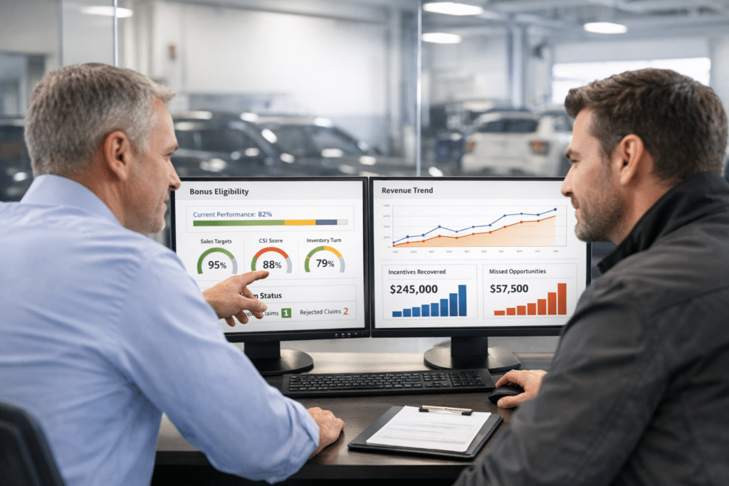 Dealership managers review a live KPI dashboard in a modern auto showroom office while sales and service activity continues in the background.