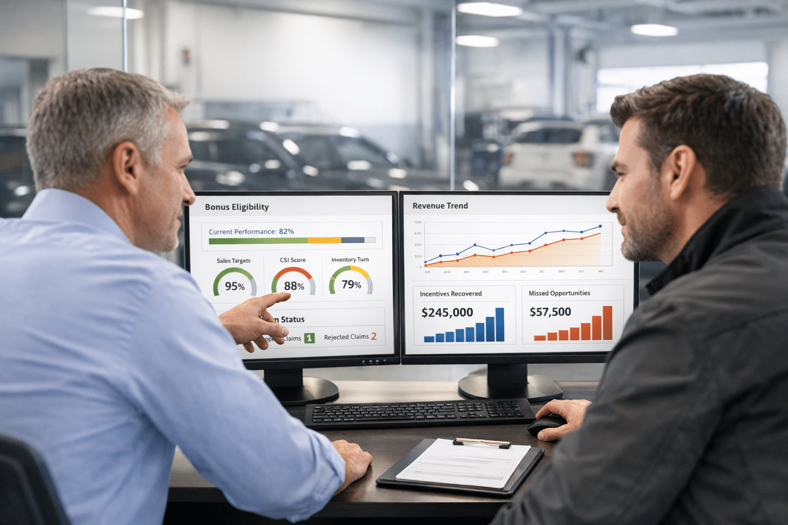 Dealership managers review a live KPI dashboard in a modern auto showroom office while sales and service activity continues in the background.