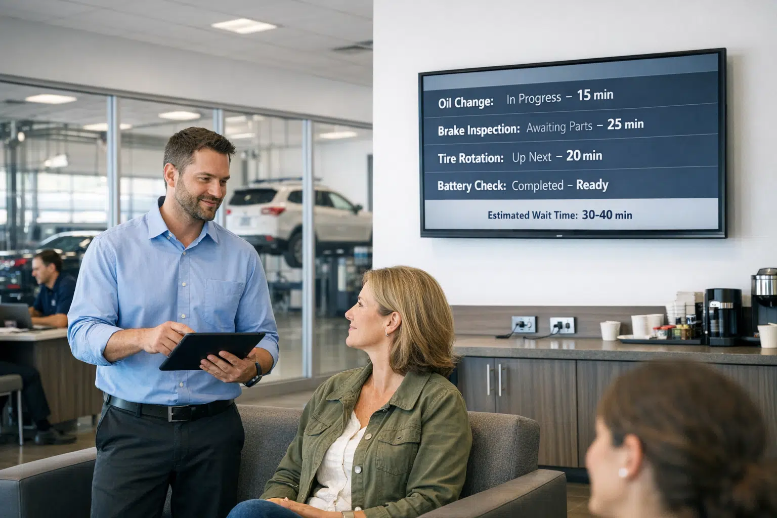 A service advisor shows a customer live vehicle status on a tablet in a modern dealership lounge with digital wait-time updates and visible service bays.