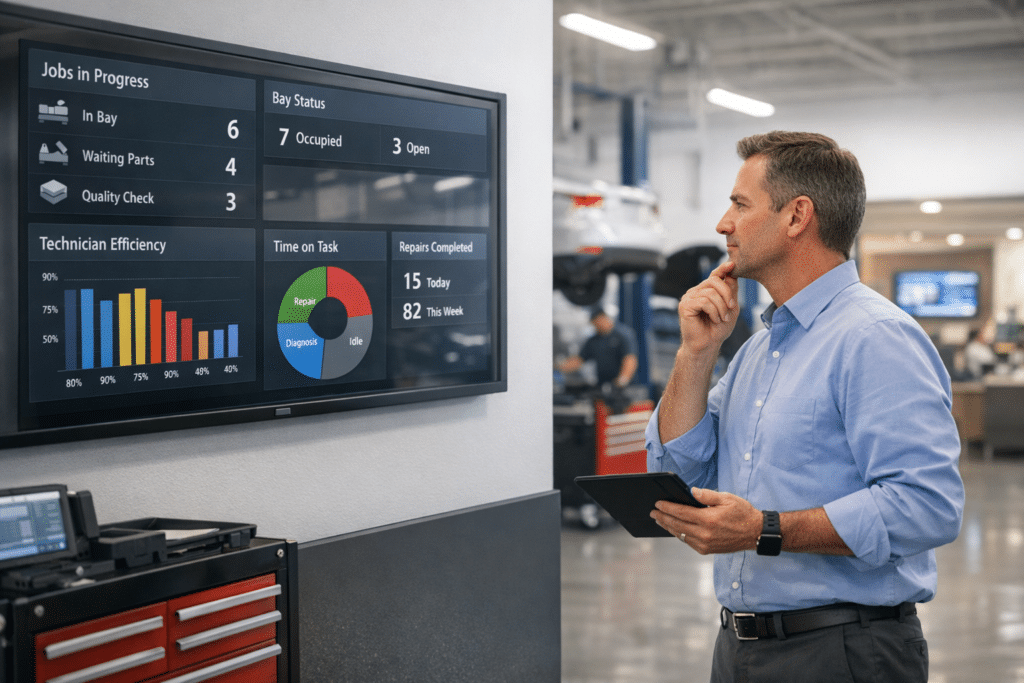 Service manager reviews a live technician performance dashboard in a dealership service bay while technicians work on vehicles in the background.