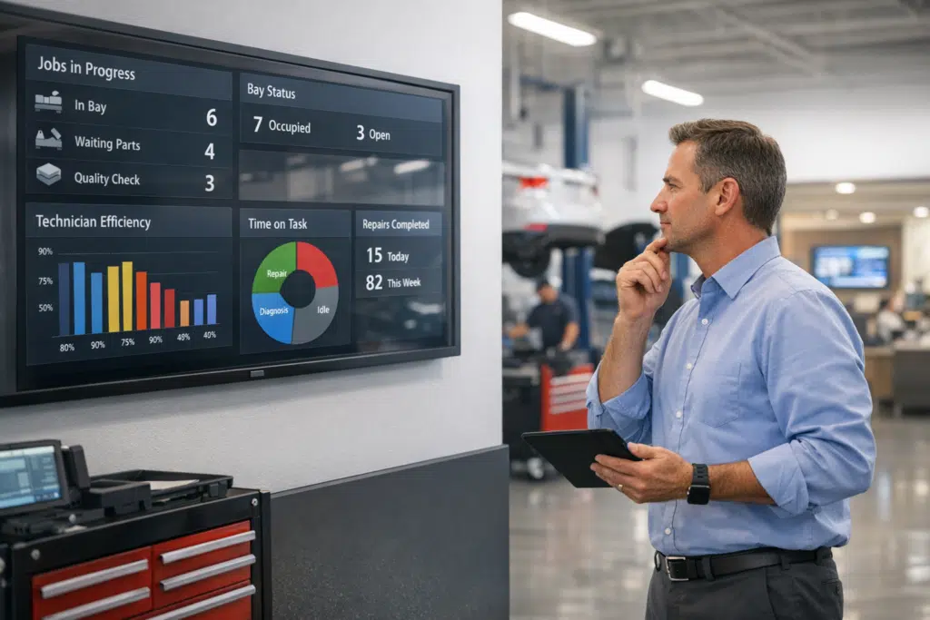 Service manager reviews a live technician performance dashboard in a dealership service bay while technicians work on vehicles in the background.
