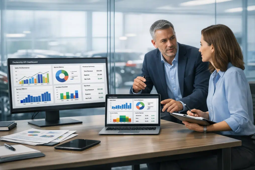 Two dealership professionals review KPI dashboards on office screens overlooking a car showroom, comparing reporting tools for sales, service, and inventory.