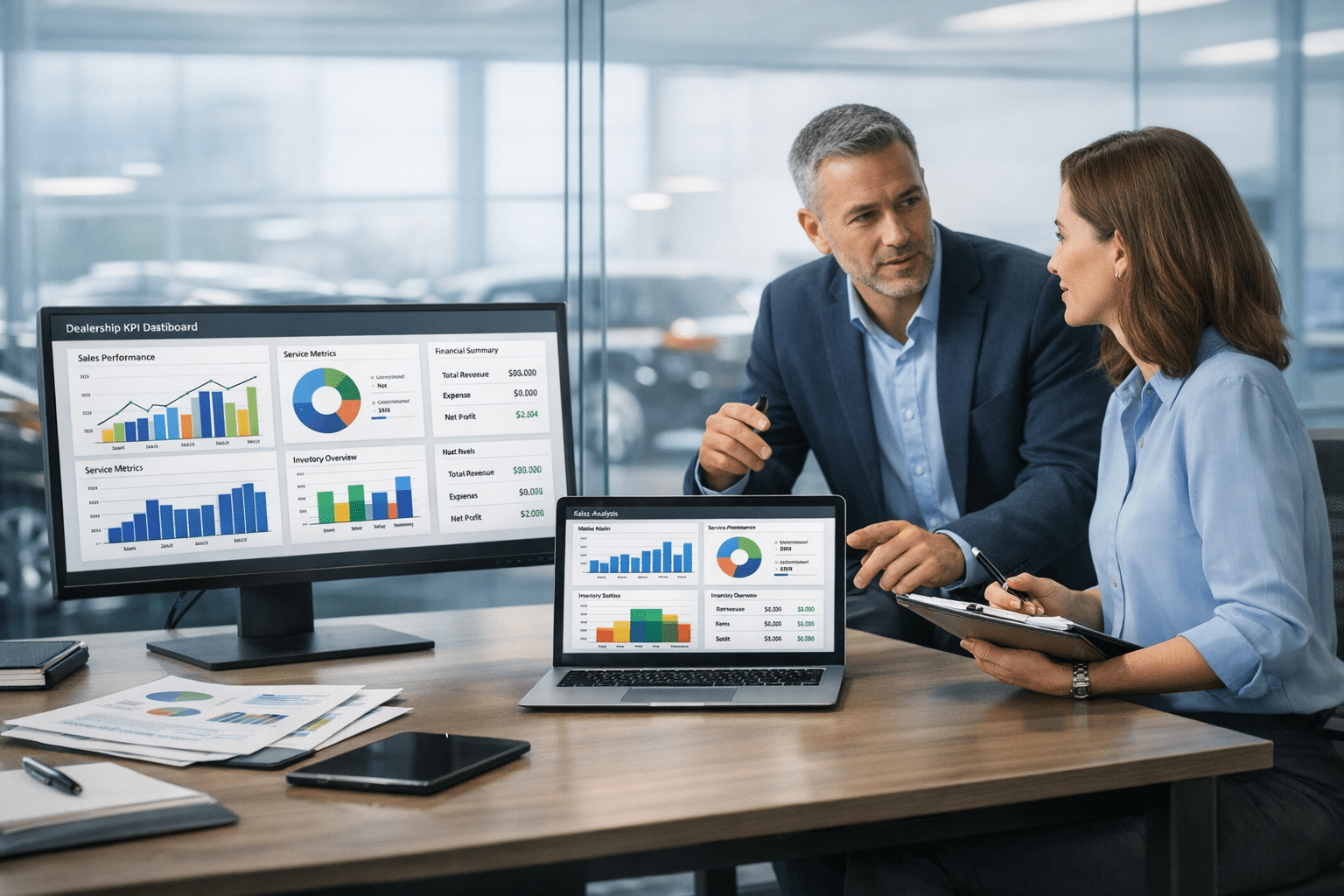Two dealership professionals review KPI dashboards on office screens overlooking a car showroom, comparing reporting tools for sales, service, and inventory.