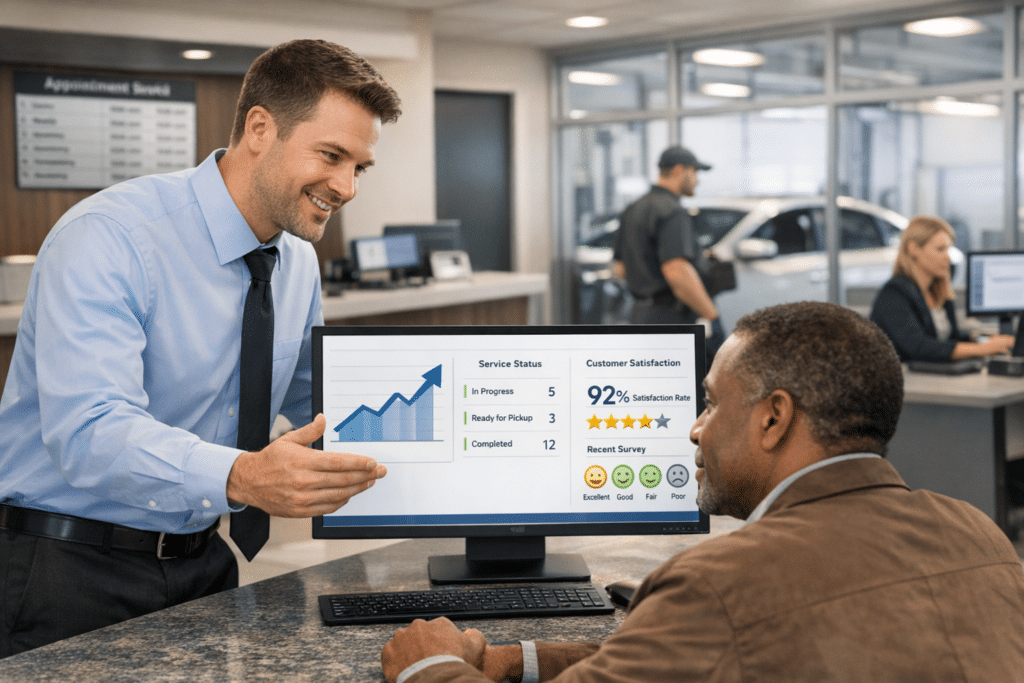 Service advisor reviews a customer satisfaction dashboard with a dealership customer while staff coordinate service updates in a modern auto service lobby.