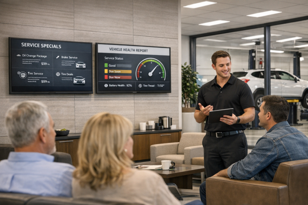 Customers wait in a modern auto service lounge while digital screens show maintenance offers and a service advisor reviews options on a tablet.