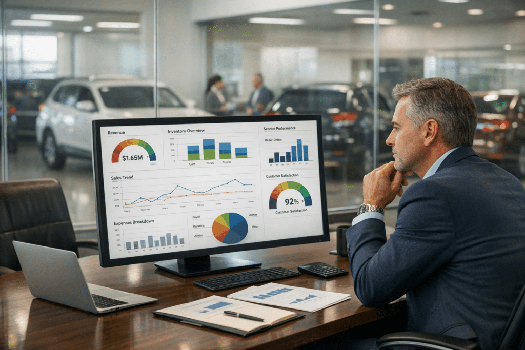 Dealership finance executive studies real-time KPI dashboards on a desktop monitor in a modern auto showroom office with cars and staff visible behind glass.