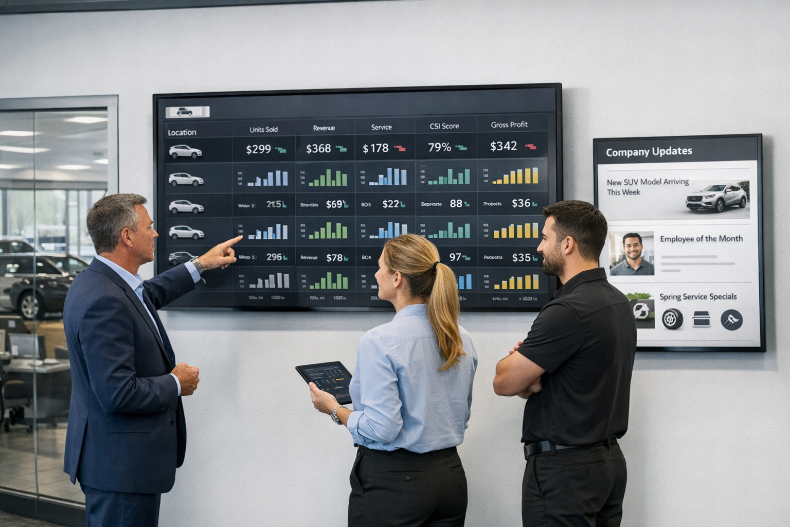 Dealership managers review a live KPI dashboard and digital signage screen in a modern showroom office, aligning updates across multiple store locations.