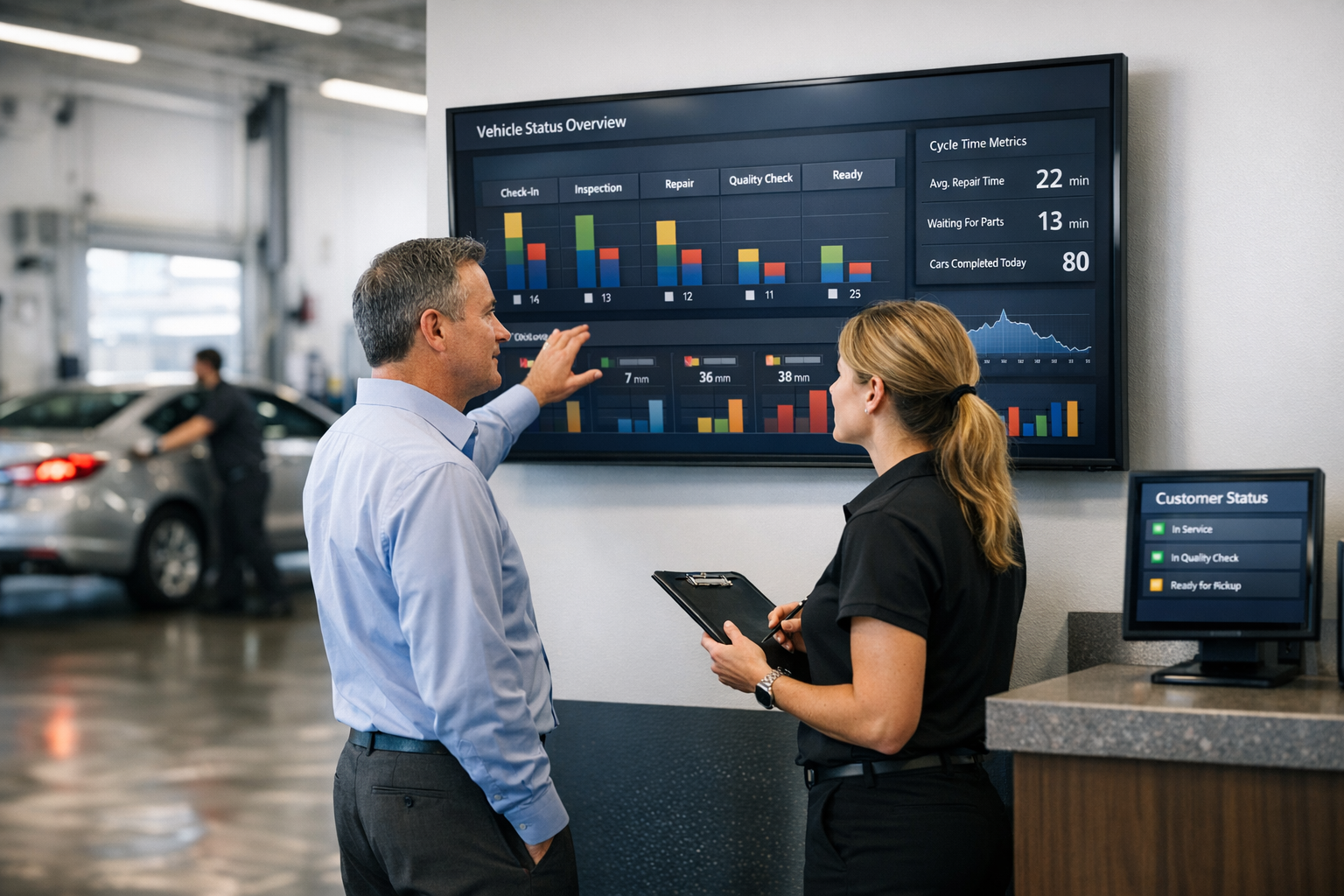 Service staff in a modern car dealership review a live KPI dashboard as vehicles move through service bays and digital status screens track progress.