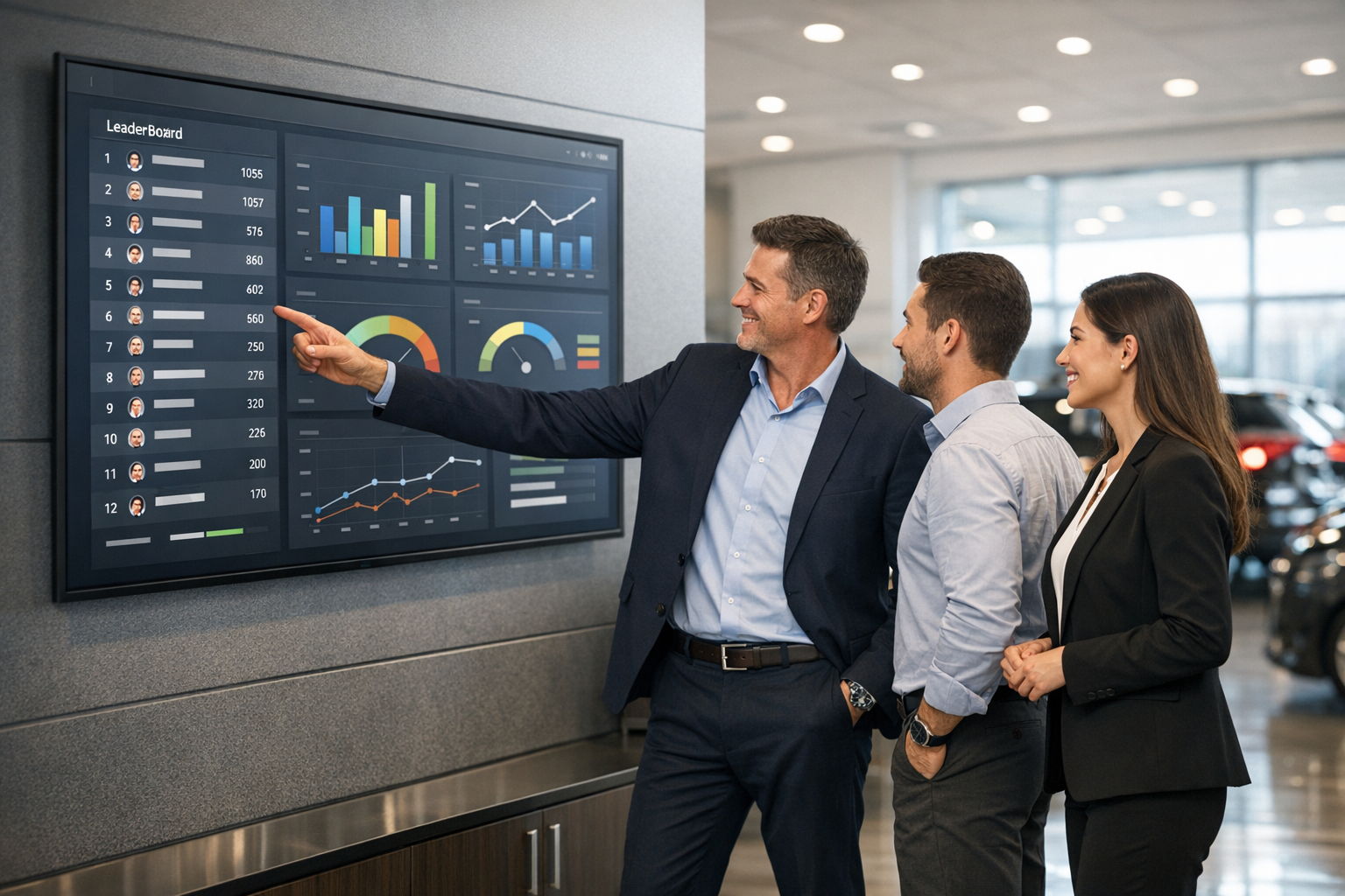 Auto dealership sales team reviews a live leaderboard and KPI dashboard on a showroom screen beside parked vehicles during a coaching discussion.