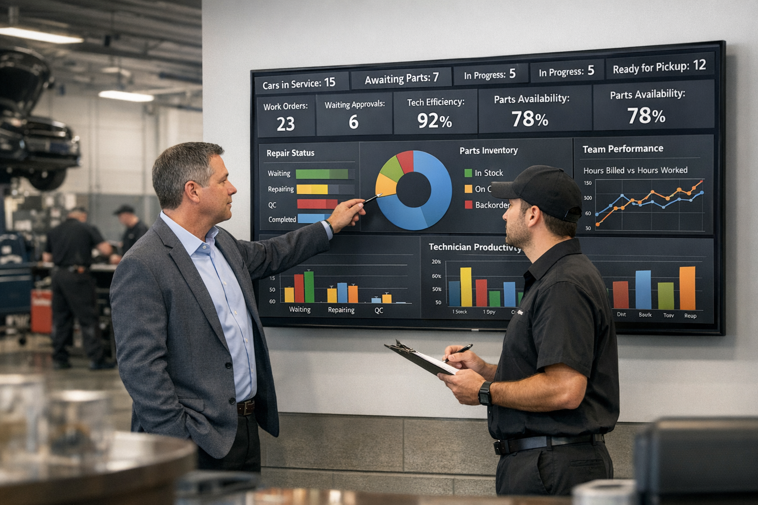 A dealership service manager and advisor review a large live KPI dashboard in the fixed ops area while technicians work in organized service bays behind them.