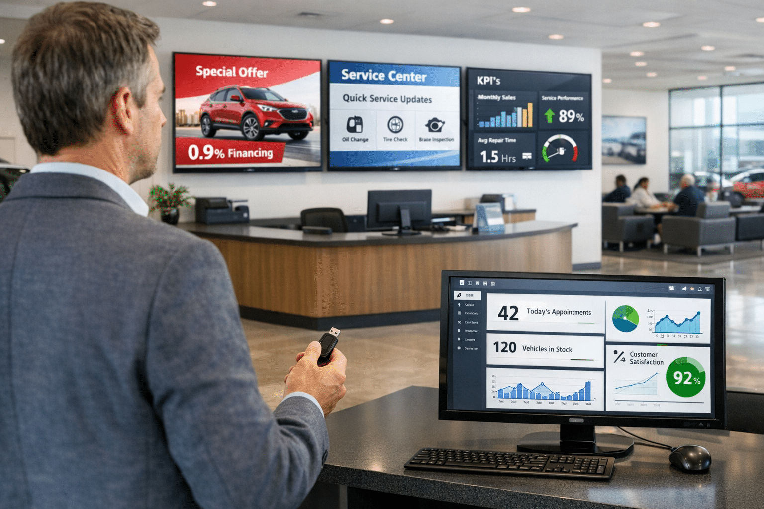 A dealership manager holds a USB drive while viewing synced showroom and service lounge screens with live promotions and KPI dashboards in a modern auto dealership.