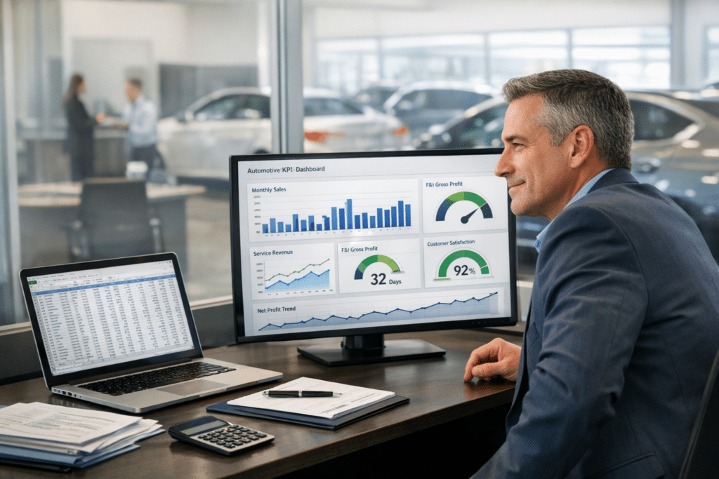 A dealership CFO in a modern office compares a spreadsheet on a laptop with a live KPI dashboard on a monitor, with the showroom visible behind.