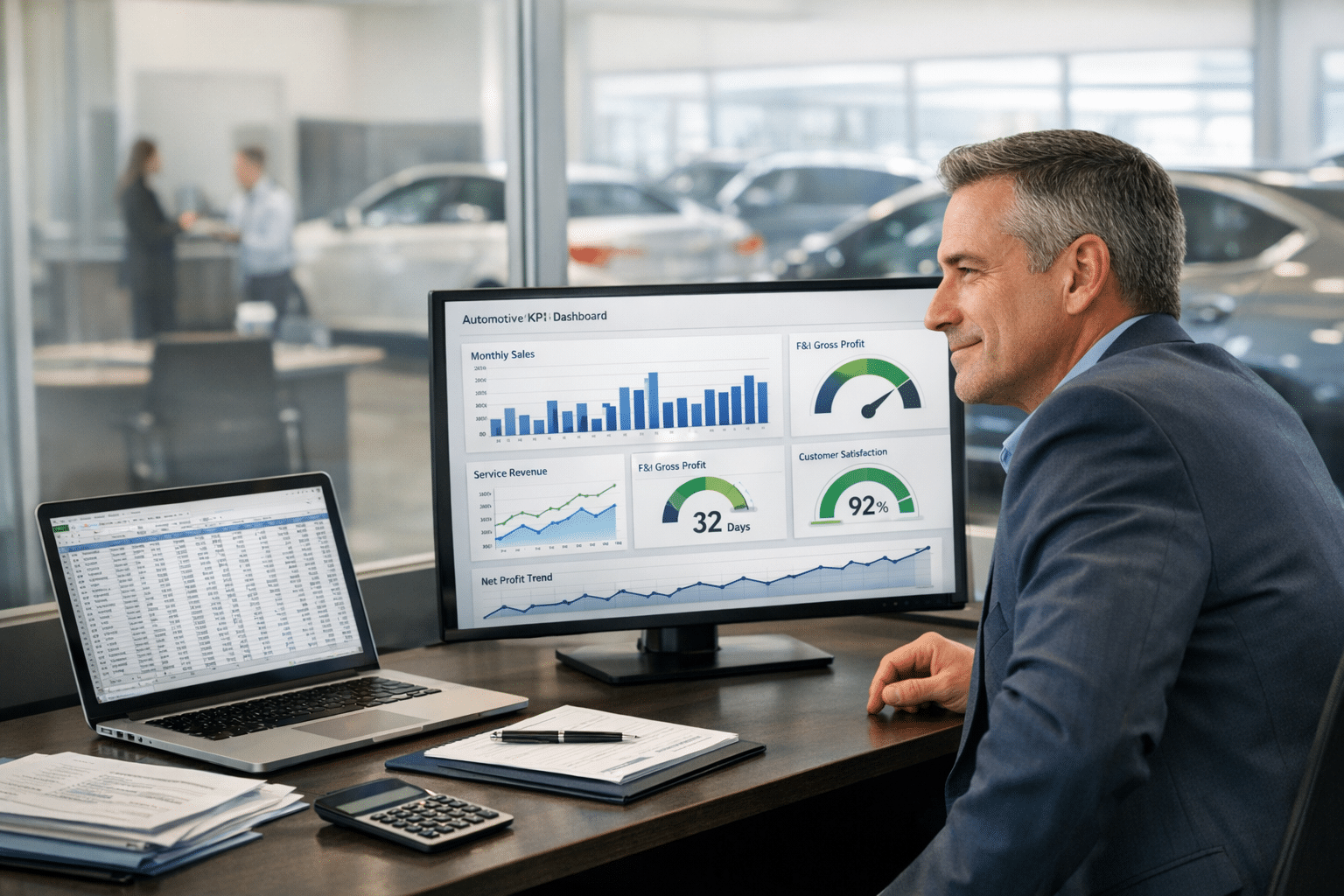 A dealership CFO in a modern office compares a spreadsheet on a laptop with a live KPI dashboard on a monitor, with the showroom visible behind.