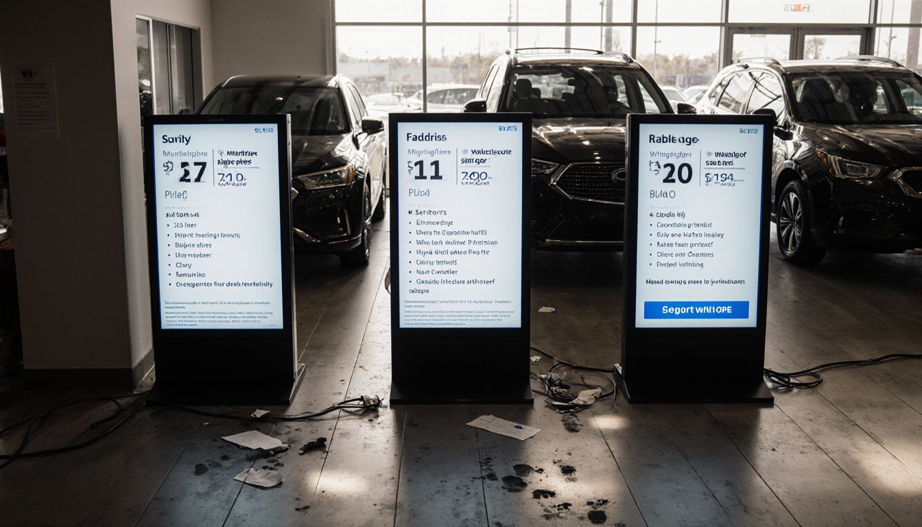 Digital displays show pricing plans inside a quiet car dealership.