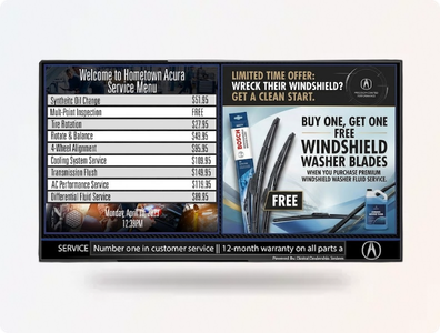 A clean, bright Digital Service Menu board in a dealership service drive, listing maintenance packages like oil changes and tire rotations.