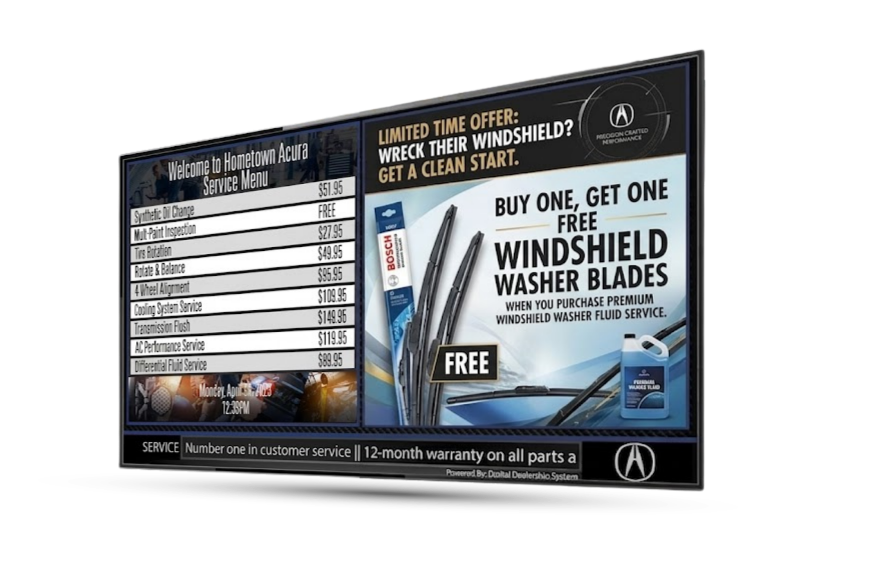 Service Menu display showing maintenance options and pricing.