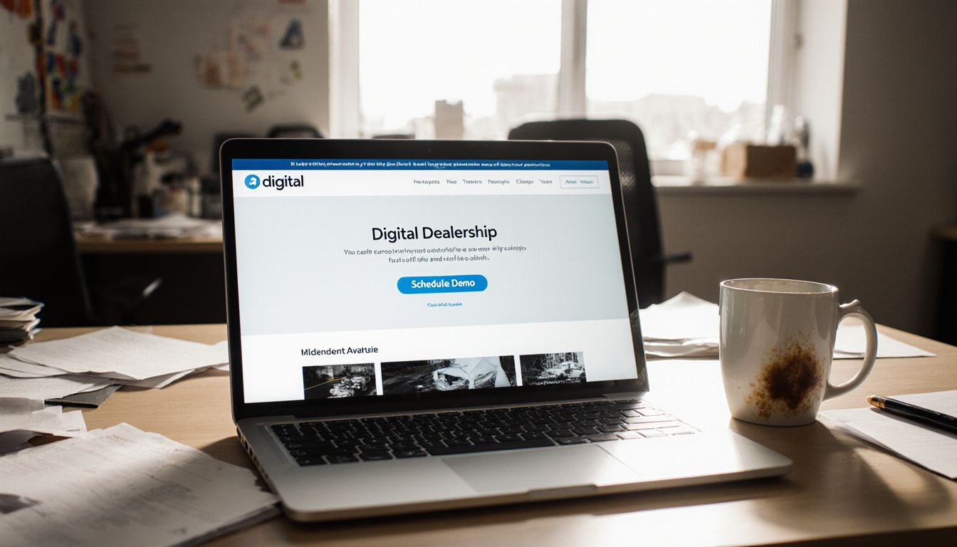 Open laptop on a desk displaying a dealership software demo page.