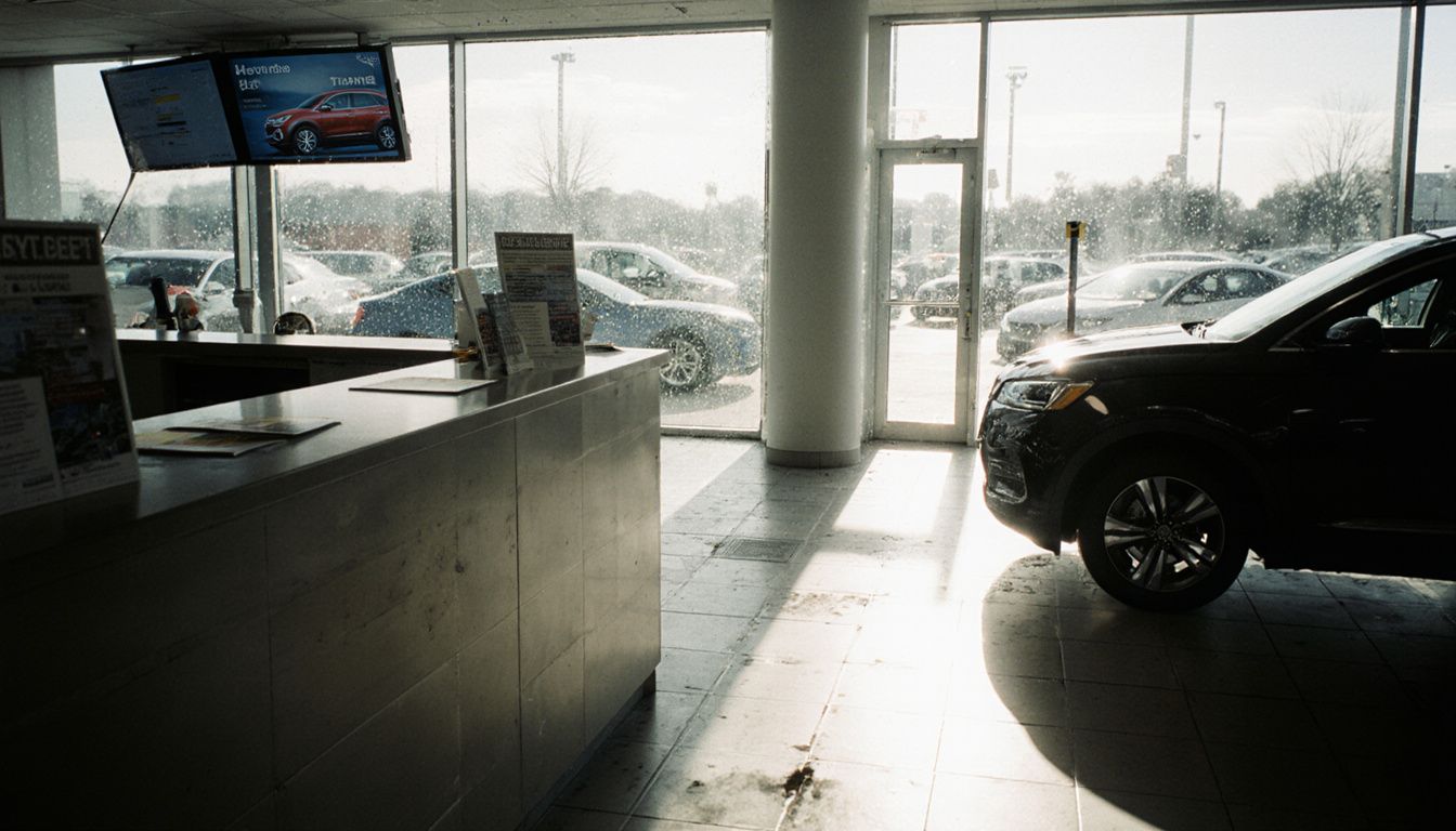 Everyday view of a working car showroom with people and displays.