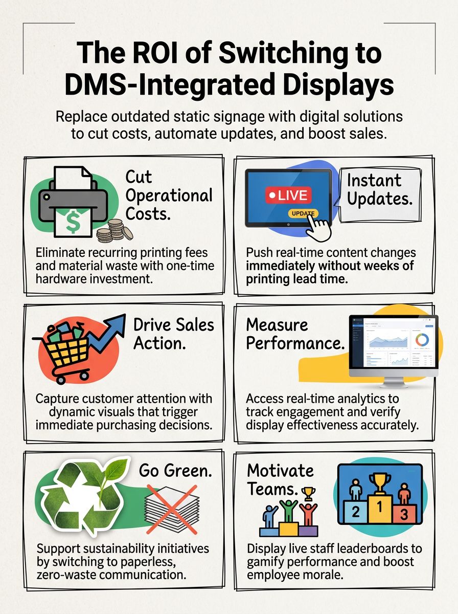 The ROI of Switching from Static Signage to DMS-Integrated Displays The ROI of Switching from Static Signage to DMS-Integrated Displays