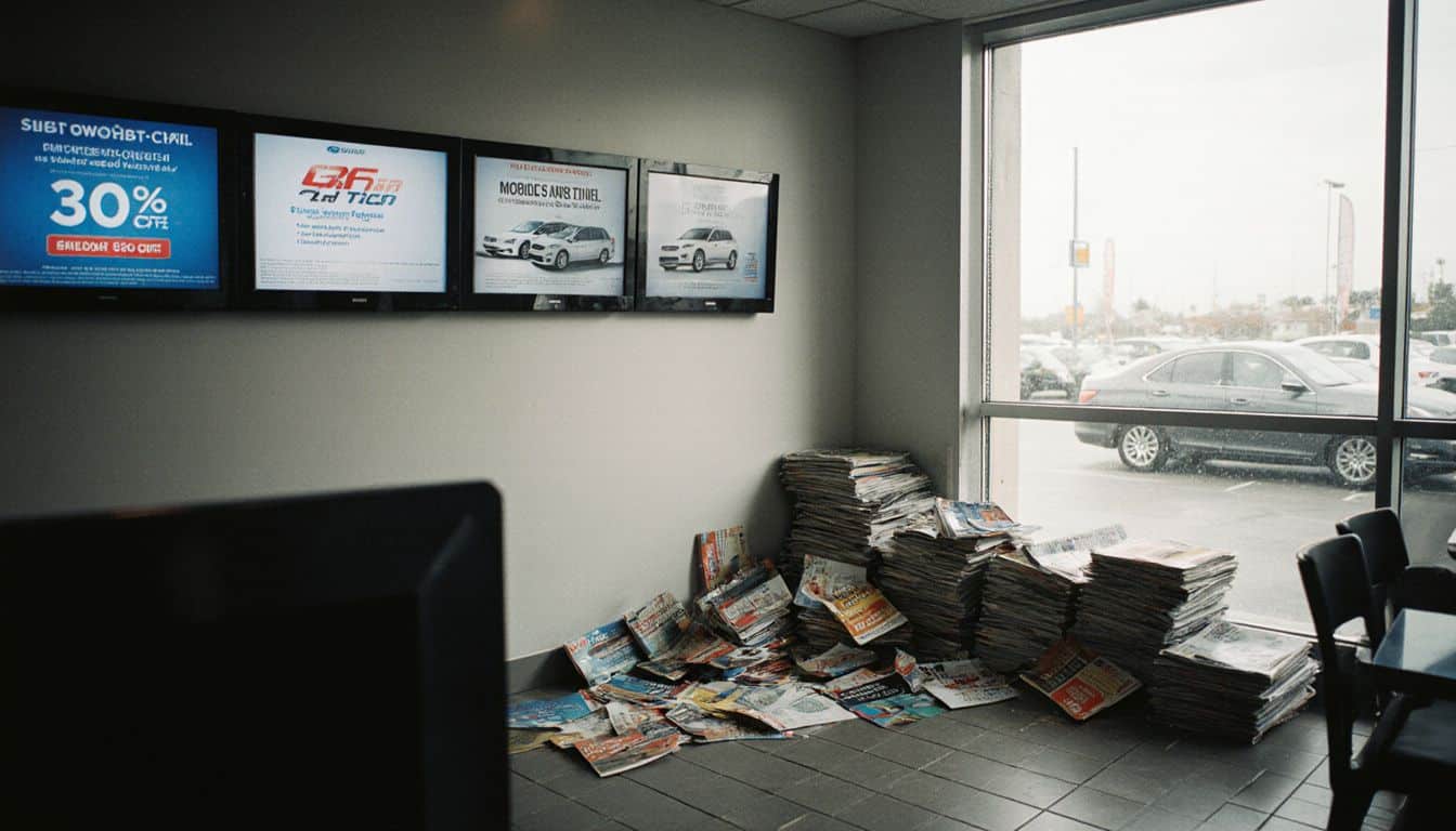 Modern showroom displays next to stacks of old brochures.