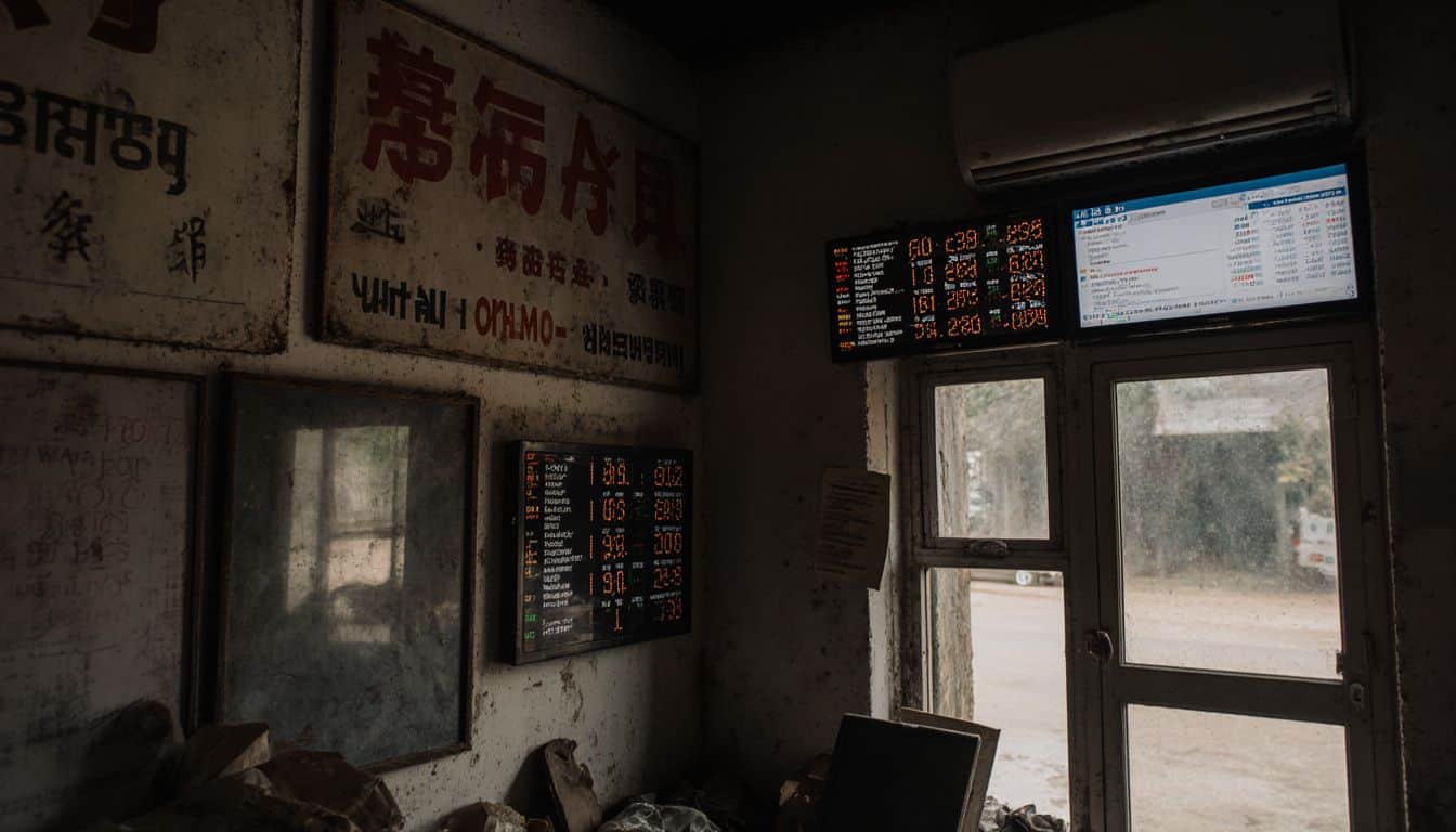 A cluttered showroom blends traditional signs with modern digital displays. A showroom that mixes paper signs with digital screens, creating a cluttered feel.