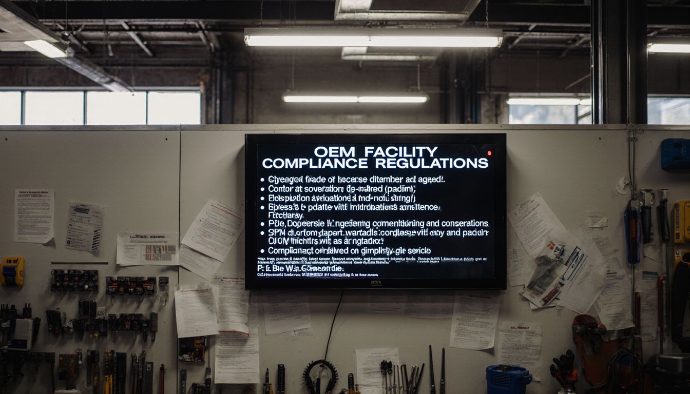 Digital display board showing OEM compliance in a busy service area. Service area with a digital board showing OEM signage compliance checks.