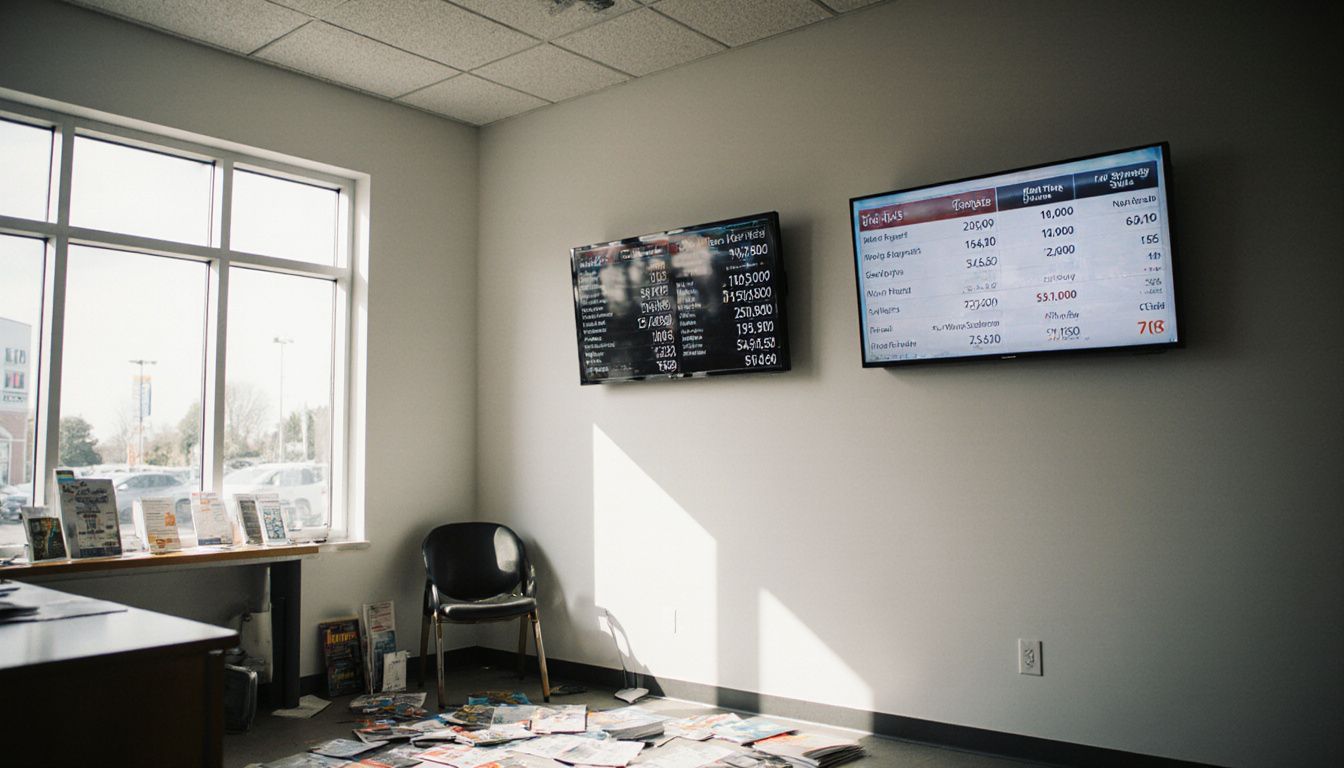 Dealership showroom with quiet traffic and live data screens showing current results.