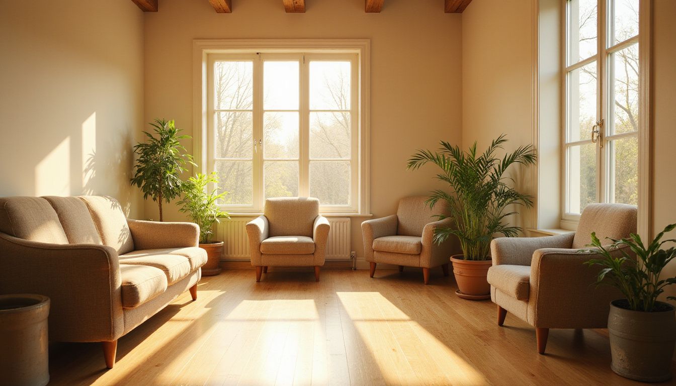 A serene waiting area with comfortable chairs and potted plants. A serene waiting area with comfortable chairs and potted plants.