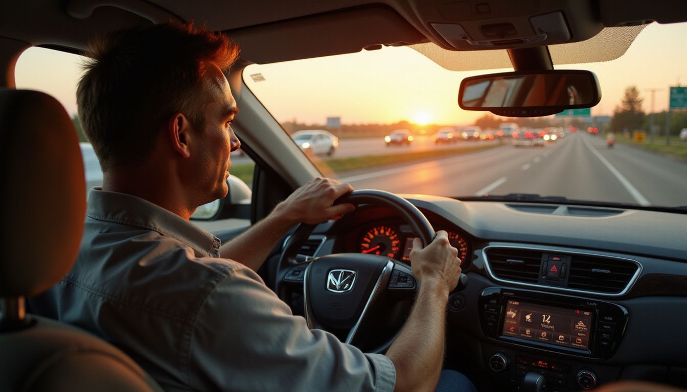 A man drives calmly through heavy highway traffic in a sedan. A man drives calmly through heavy highway traffic in a sedan.
