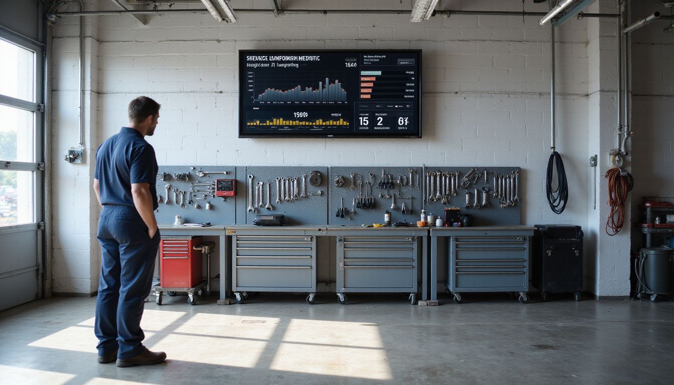 A technician examines performance metrics on a wall-mounted display in an organized automotive repair garage. A technician examines performance metrics on a wall-mounted display in an organized automotive repair garage.