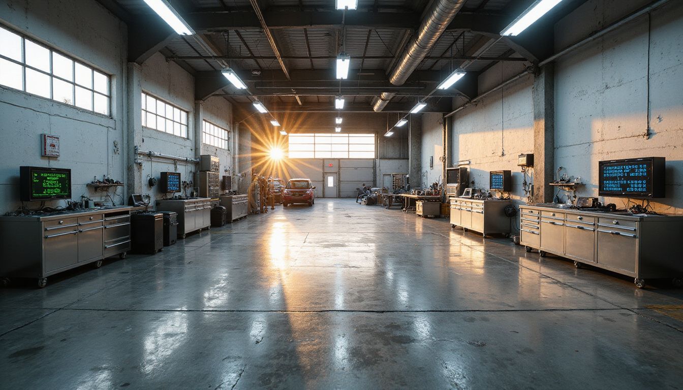 A hyper-realistic automotive service department showcasing worn surfaces, tools, and equipment in a functional industrial environment. A hyper-realistic automotive service department showcasing worn surfaces, tools, and equipment in a functional industrial environment.
