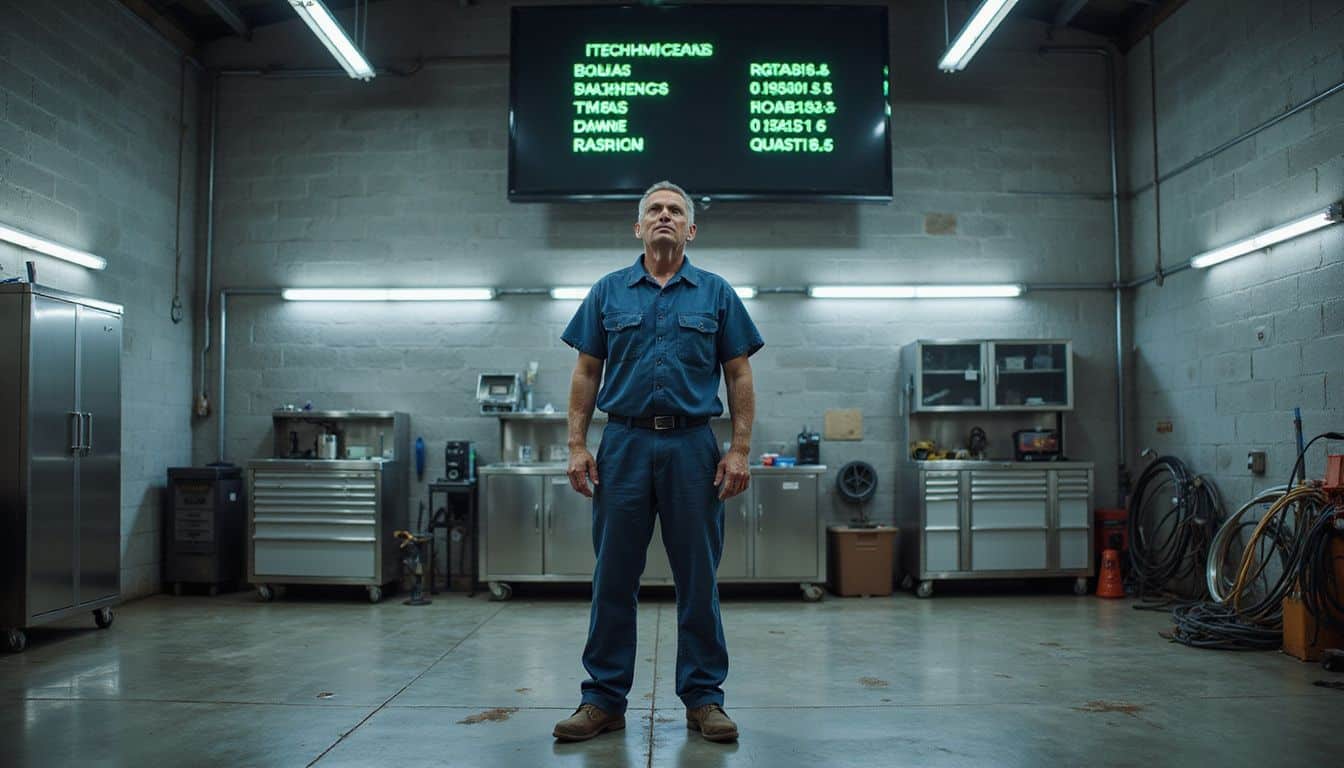 A middle-aged man in a work uniform focuses intently in a bustling automotive service bay filled with tools and equipment. A middle-aged man in a work uniform focuses intently in a bustling automotive service bay filled with tools and equipment.