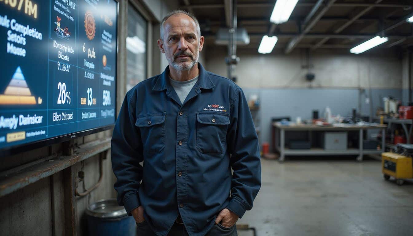 A dedicated automotive technician studies a performance leaderboard in a service bay, reflecting years of experience and focus. A dedicated automotive technician studies a performance leaderboard in a service bay, reflecting years of experience and focus.