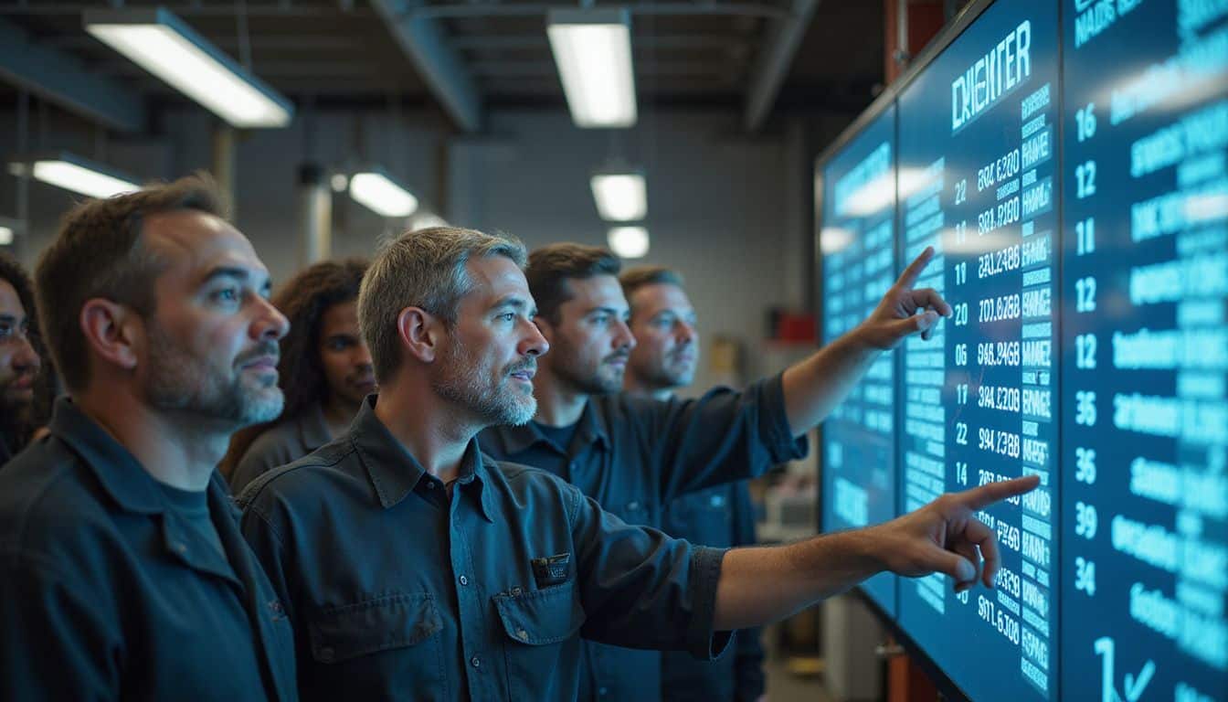 A group of technicians intensely engages with performance metrics on a digital screen in an automotive service facility. A group of technicians intensely engages with performance metrics on a digital screen in an automotive service facility.