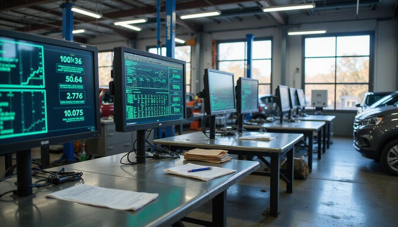 A vacant automotive service department features digital displays, idle vehicle lifts, and worn workbenches reflecting a data-driven focus. A vacant automotive service department features digital displays, idle vehicle lifts, and worn workbenches reflecting a data-driven focus.