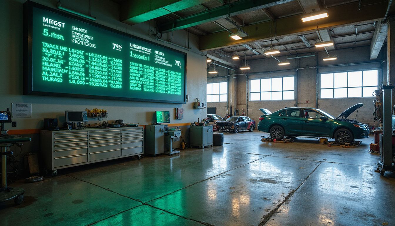 An automotive repair facility bustling with technicians, vehicles in various repairs, and a digital display of performance metrics. An automotive repair facility bustling with technicians, vehicles in various repairs, and a digital display of performance metrics.