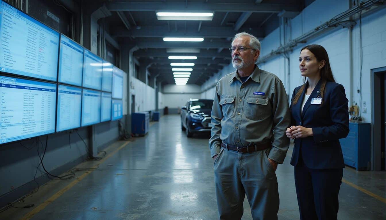 A focused mechanic discusses service data with a professionally dressed colleague in a busy automotive service facility. A focused mechanic discusses service data with a professionally dressed colleague in a busy automotive service facility.