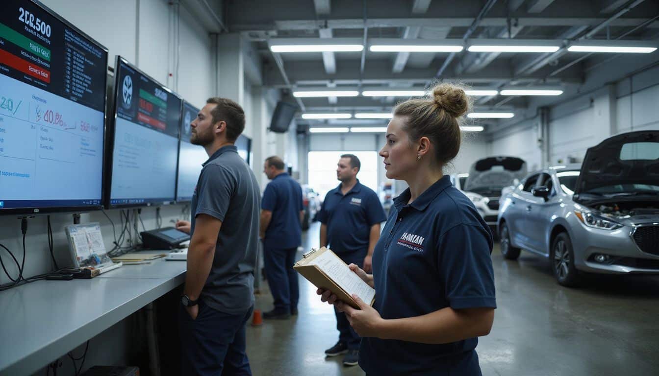 A busy automotive service department features technicians and advisors engaged with real-time performance metrics on large screens. A busy automotive service department features technicians and advisors engaged with real-time performance metrics on large screens.