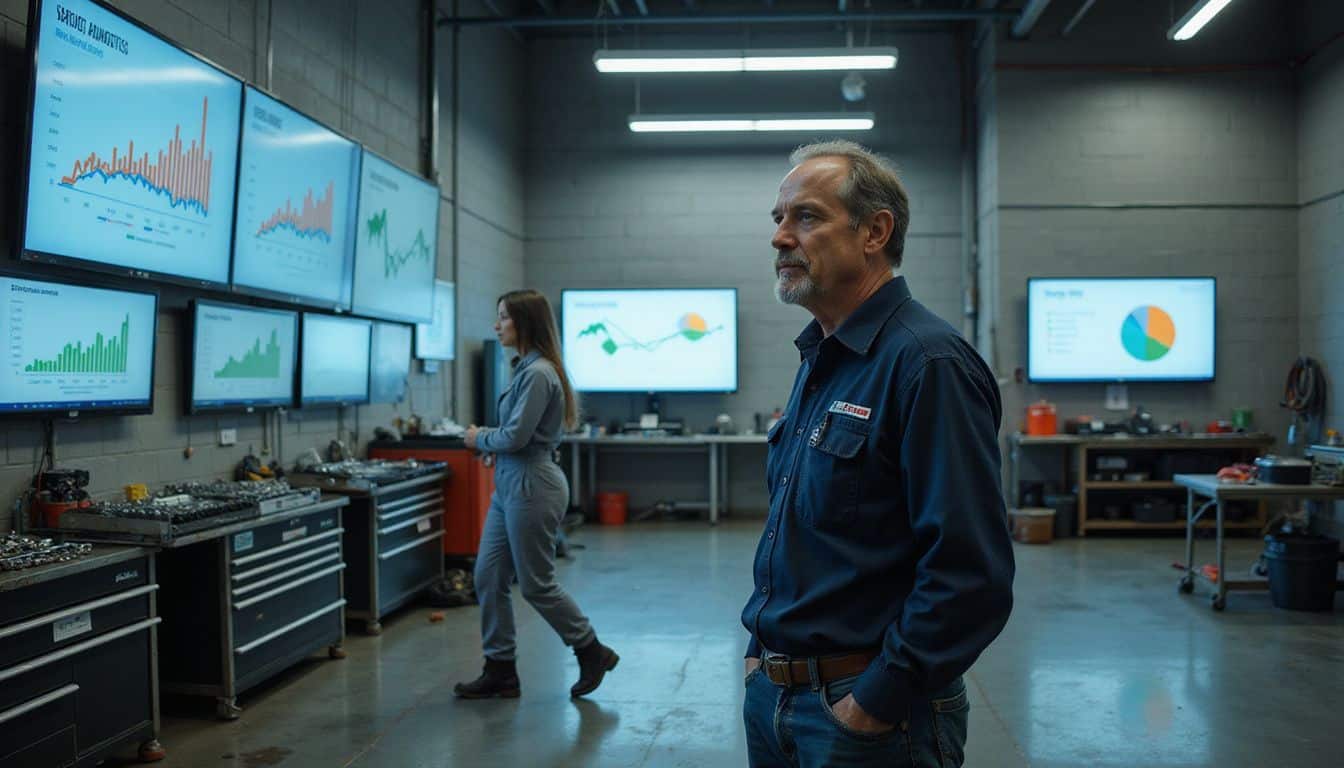 A man in a work shirt studies business analytics on a screen, while a woman in coveralls walks across the service bay. A man in a work shirt studies business analytics on a screen, while a woman in coveralls walks across the service bay.